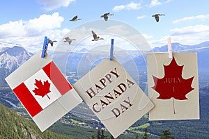 Happy Canada Day. Holiday greeting cards with Maple leaf and Canadian flag.