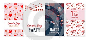 Happy Canada Day poster and web template set. 1st july. Vector illustration greeting cards. Canada Maple leaves and