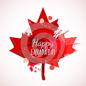 Happy Canada Day watercolor background. Holiday poster with red Canada maple leaf.