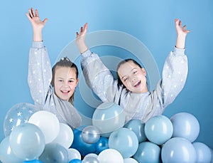 Happy and carefree. Little girls celebrating birthday. Small children having birthday party. Happy kids enjoy birthday