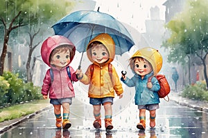 Happy careless children walking in rain with umbrella
