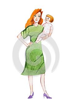 Happy caring cartoon mother spending time with her child, holding, talking, playing with him