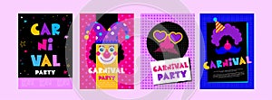 Happy Carnival, colorful geometric background and cards with splashes, speech bubbles, masks and confetti