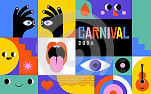 Happy Carnival, colorful geometric background with splashes, speech bubbles, masks and confetti