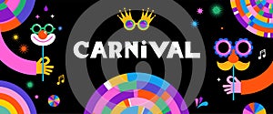 Happy Carnival, colorful geometric background with splashes, speech bubbles, masks and confetti