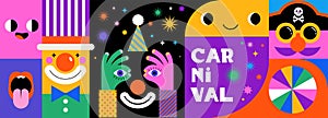 Happy Carnival, colorful geometric background with splashes, speech bubbles, masks and confetti