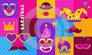 Happy Carnival, colorful geometric background with splashes, speech bubbles, masks and confetti. Vector design