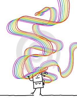 Happy Carton girl with long Rainbow Hairs Around