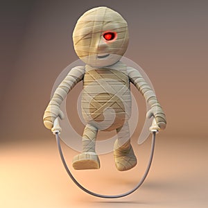 Happy cartoon 3d Egyptian mummy monster skipping with a skipping rope, 3d illustration