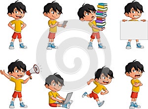 Happy cartoon asian kid in different activities.