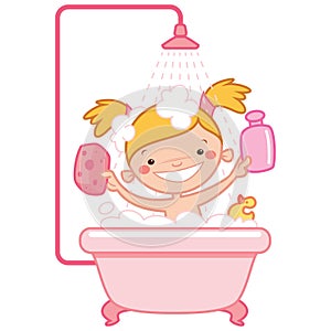Happy cartoon baby girl kid in pink bath tub
