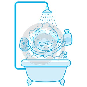 Happy cartoon baby kid in bath tub Blue version