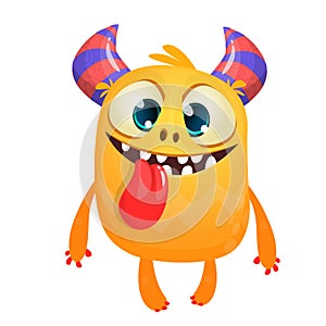 Happy cartoon baby monster showing long tongue. Halloween vector orange and horned monster