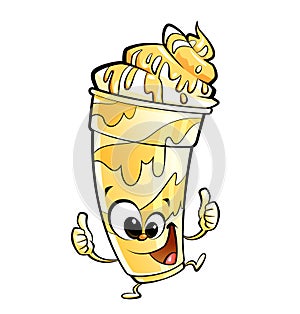 Happy cartoon banana vanilla milkshake character making thumbs u