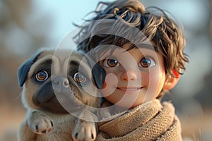 Happy Cartoon Boy with Dog Pug extreme closeup. Generative AI