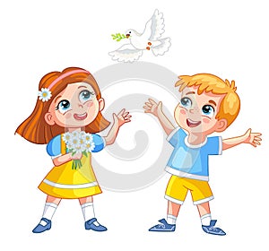 Happy cartoon boy and girl with white dove vector illustration