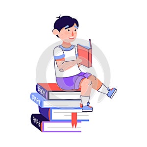 Happy cartoon boy reading a book sitting on tall stack of books