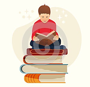 Happy cartoon boy sitting on stack of books and reading an old storybook vector illustration.Book lovers Day.