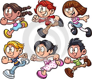 Happy cartoon boys and girls running