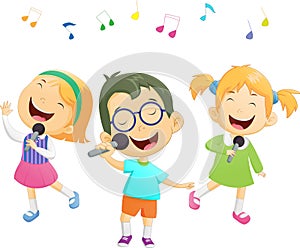 Happy cartoon boys and girls singing