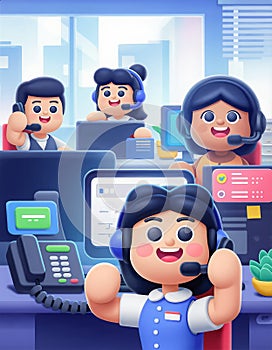 Happy cartoon call center agents at work