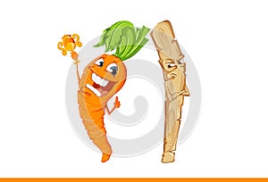 Happy cartoon carrot with reward and Strict stick.