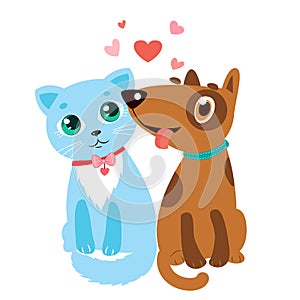 Happy Cartoon Cat And Dog Friendship Vector.