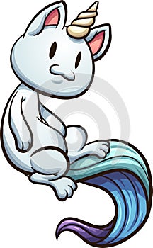 Happy cartoon caticorn with large colorful tail