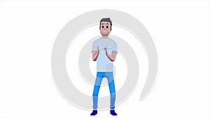 Happy cartoon character man in white t-shirt clap isolated over white background. 3d render