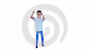 Happy cartoon character man in white t-shirt clap isolated over white background. 3d render