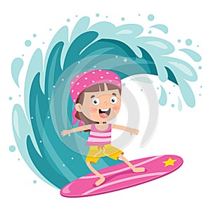 Happy Cartoon Character Surfing At Sea