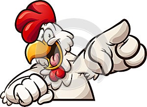 Happy cartoon chicken pointing at camera