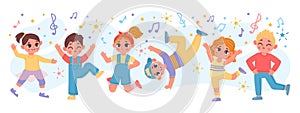 Happy cartoon children group dancing and jumping together. Fun active kid friends play. Kindergarten characters at dance