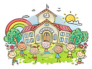 Happy cartoon children playing in front of school building, back to school clipart