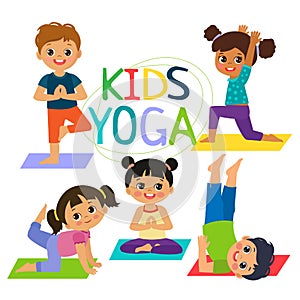 Happy Cartoon Children Practicing Yoga. Yoga Poses, Meditations, Sequences.