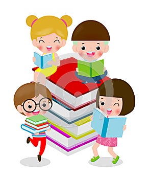 Happy cartoon children while Reading Books, i love book, cute kids reading a book isolated on white background Vector Illustration