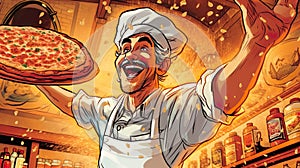 Happy cartoon comic style Italian chef with mustache and pizza. Restaurant.