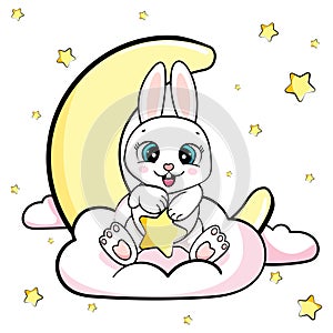 Happy cartoon cute baby bunny sitting on a cloud under moon and stars vector sticker illustration isolated card