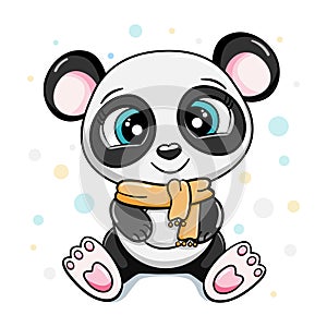 Happy cartoon cute baby panda bear sitting and laughing vector sticker illustration isolated. card for boys