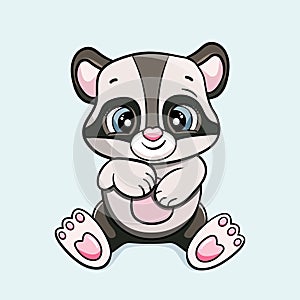 Happy cartoon cute baby raccoon bear sitting and laughing vector sticker illustration isolated. card for boys and girls