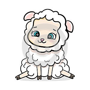 Happy cartoon cute baby sheep sitting and laughing vector illustration isolated. card for boys and girls