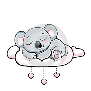 Happy cartoon cute baby teddy koala sleeping on a cloud under heart vector sticker illustration isolated card