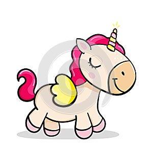 Happy cartoon cute baby unicorn pony walks and laughing vector sticker illustration isolated. card for girls