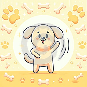 Happy Cartoon Dog with Bones and Paw Prints, AI Generated