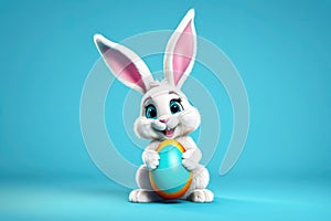 Happy cartoon Easter bunny, full body, isolated, light blue cyan background, stock photo style, smiling, holding a colorful Easter
