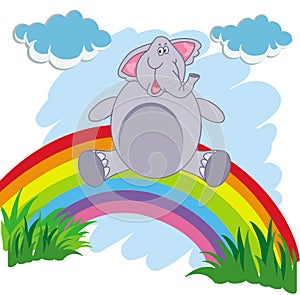 Happy cartoon elephant on a rainbow on a white background