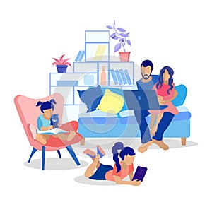 Happy Cartoon Family at Home Flat Illustration