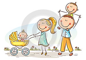 Happy cartoon family with two children walking outdoors