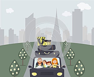 Happy cartoon family: young man, woman, son and daughter are going to vacation. Mom is driving a navy car. There are a few