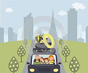 Happy cartoon family: young man, woman, son and daughter are going to vacation. Mom is driving a navy car. There are a few